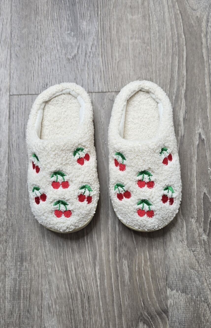 Girls Fuzzy Cherry Slippers Size 13/1 Cream Cozy Plush House Shoes
